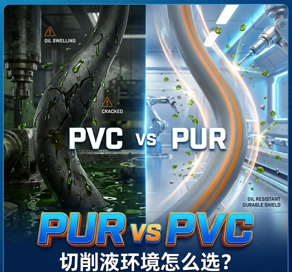 PUR vs PVC：机床切削液情形下，，，，，，，你的拖链电缆选对护套了吗？？？？？？？？
